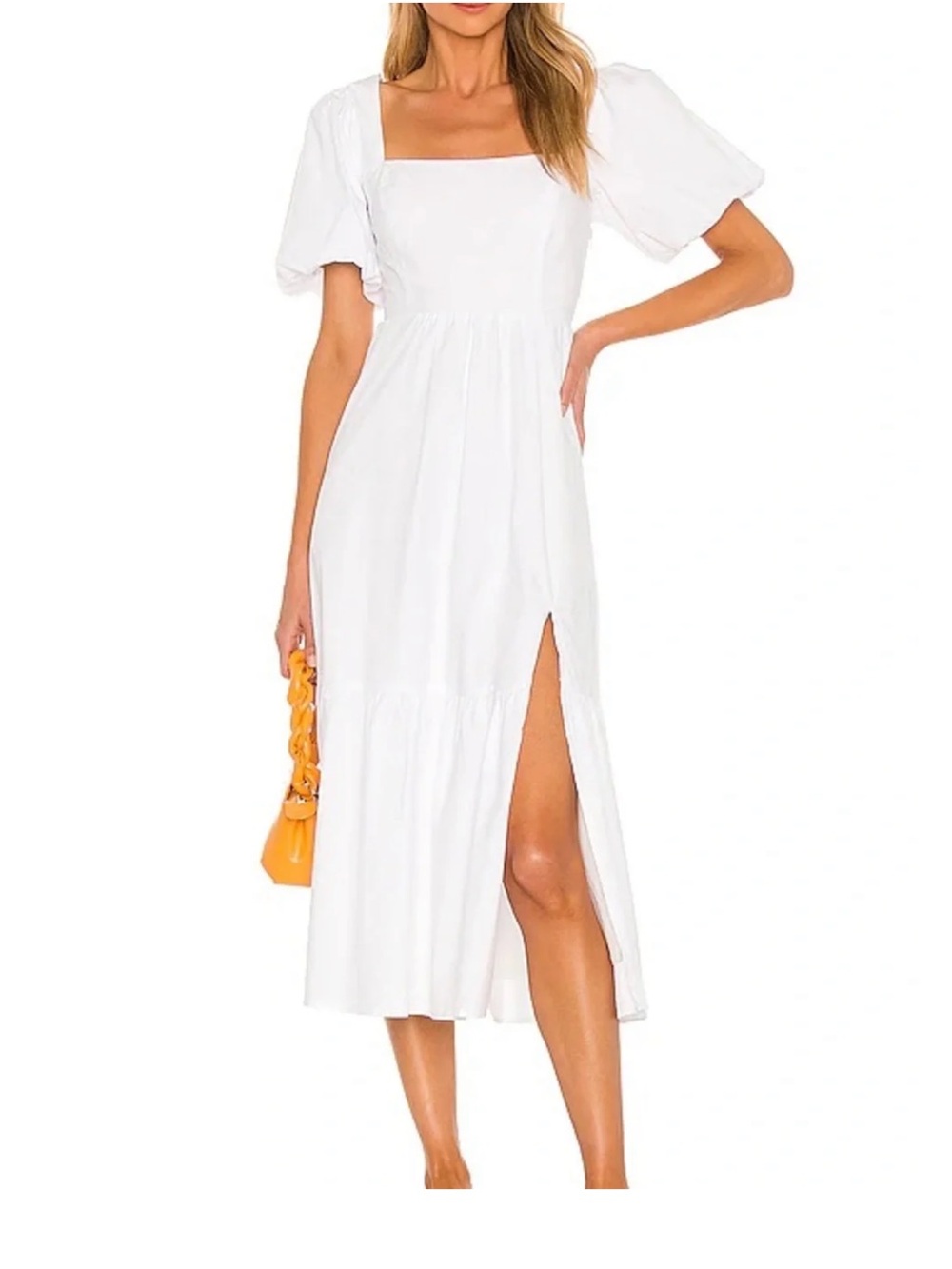 Astr White Square-Neck Midi Dress with Puff Sleeves and Side Slit